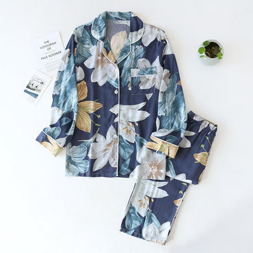 long-sleeved trousers ladies pajamas set viscose cardigan butterfly flower