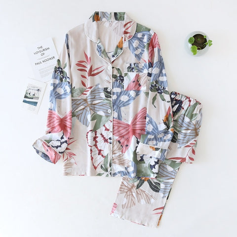 long-sleeved trousers ladies pajamas set viscose cardigan butterfly flower