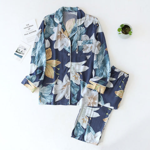long-sleeved trousers ladies pajamas set viscose cardigan butterfly flower