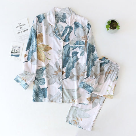 long-sleeved trousers ladies pajamas set viscose cardigan butterfly flower