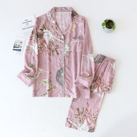 long-sleeved trousers ladies pajamas set viscose cardigan butterfly flower