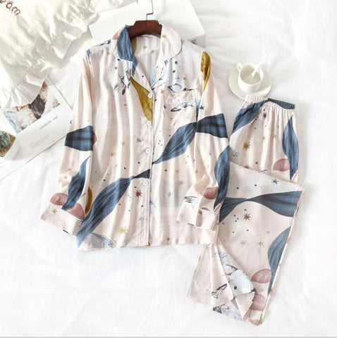long-sleeved trousers ladies pajamas set viscose cardigan butterfly flower