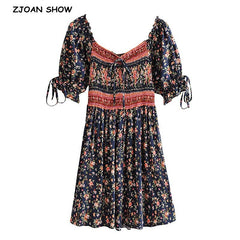 Bohemian Body Elastic Ruched Floral print Women Dress BOHO