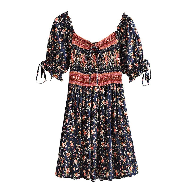 Bohemian Body Elastic Ruched Floral print Women Dress BOHO