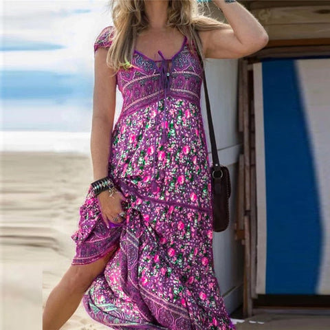 Vintage Floral Print Long Sexy Lace-Up V Neck Sling Beach Maxi Dress