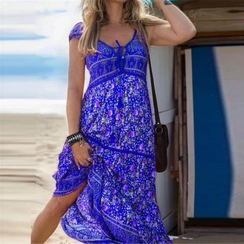 Vintage Floral Print Long Sexy Lace-Up V Neck Sling Beach Maxi Dress
