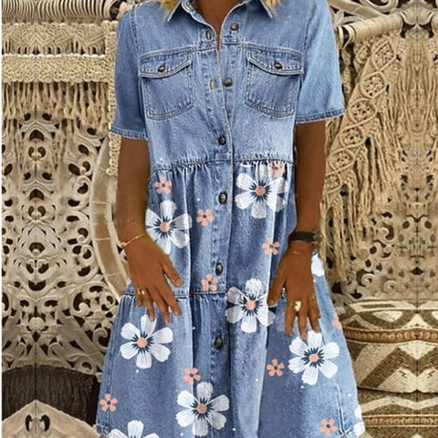 Floral Print Casual Short Sleeve Button Dress Ladies Fashion