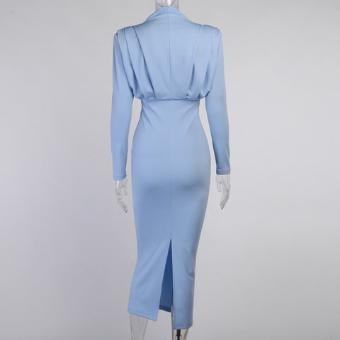 Stand Collar Slim Waist Solid Blue Ankle Length Autumn Long Sleeve  Dress