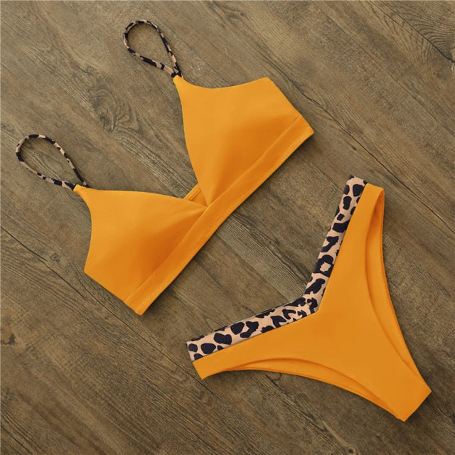 Solid And Leopard Push Up Padded Thong Swimsuit