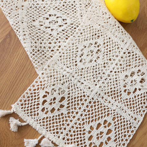 Beige Crochet Lace Table Runner with Tassel Cotton  Tablecloth runner