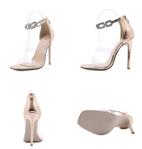 PVC Transparent Crystal Rhinestone Ankle Chain Strap Stiletto Heels Zip Party Shoes For Women