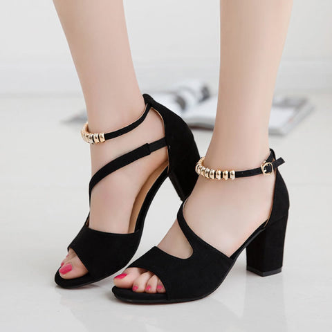 fish mouth hollow Roman sandals thick with word with beaded high heels