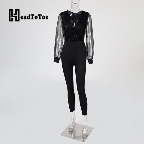Sheer Mesh Glitter Ruched Wrap Jumpsuit  Overalls