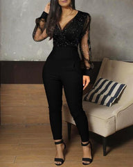 Sheer Mesh Glitter Ruched Wrap Jumpsuit  Overalls