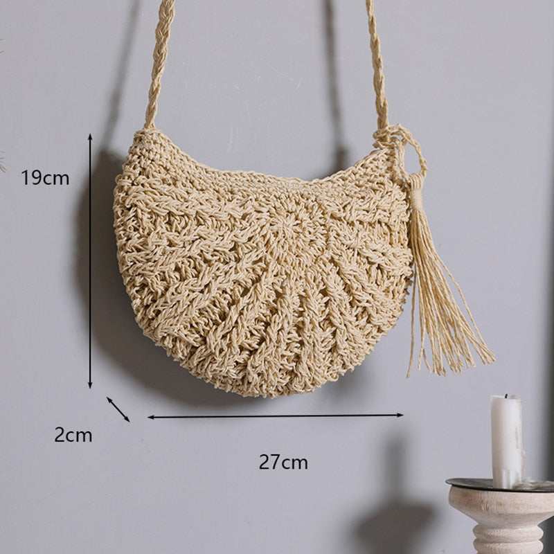 Handmade Small Rattan Straw Crossbody Woven Round Handbag