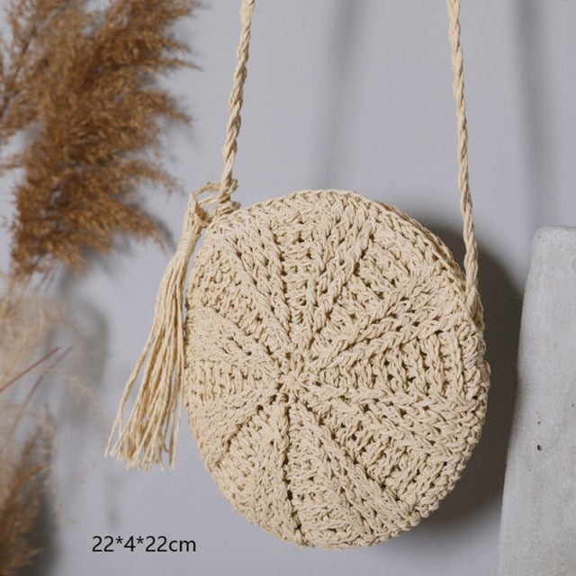 Handmade Small Rattan Straw Crossbody Woven Round Handbag