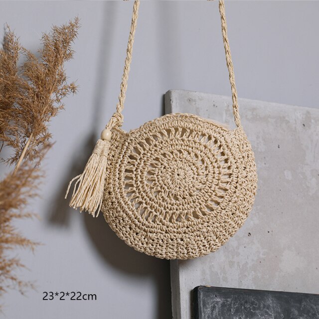 Handmade Small Rattan Straw Crossbody Woven Round Handbag