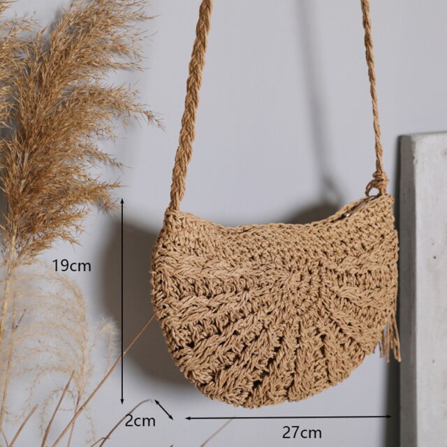 Handmade Small Rattan Straw Crossbody Woven Round Handbag