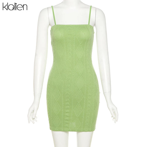 Fashion Elegant Streetwear Strap Mini Dress Summer Solid Green Knit