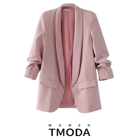 Elegant Workwear Pink Blazer Three Quarter Sleeve Regular Fit Minimalist Office