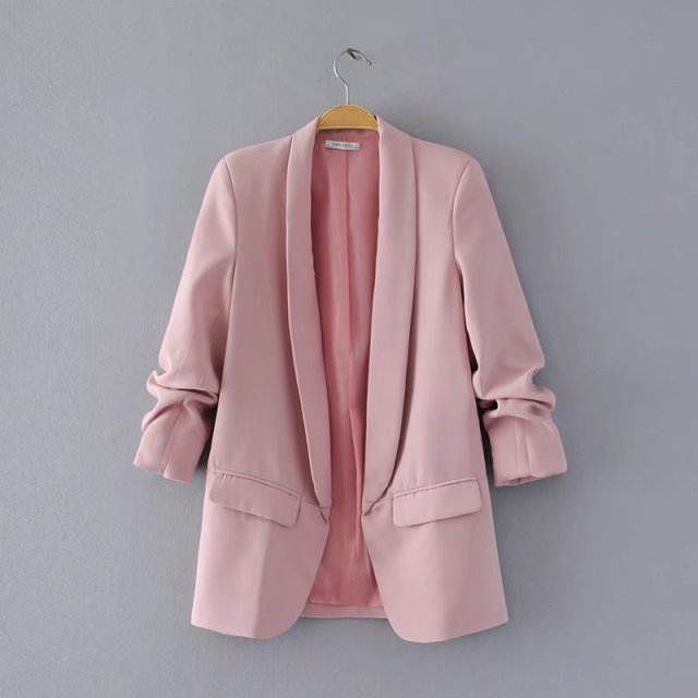 Elegant Workwear Pink Blazer Three Quarter Sleeve Regular Fit Minimalist Office