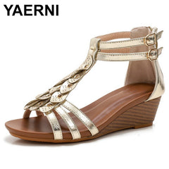 Wedges High Heel Sandals Metal Texture Soft Leather Female Pumps