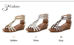 Wedges High Heel Sandals Metal Texture Soft Leather Female Pumps