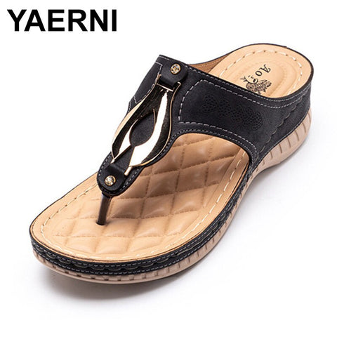 Slippers Women Wedge Metal Buckle Flip Flop Soft Breathable