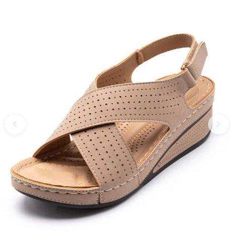 Sewing Hollow Out Wedges Female Casual Pu Leather Comfortable Retro Sandalis