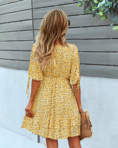 Ladies Vintage Floral Print Short Summer Dress Casual V Neck Ruffles