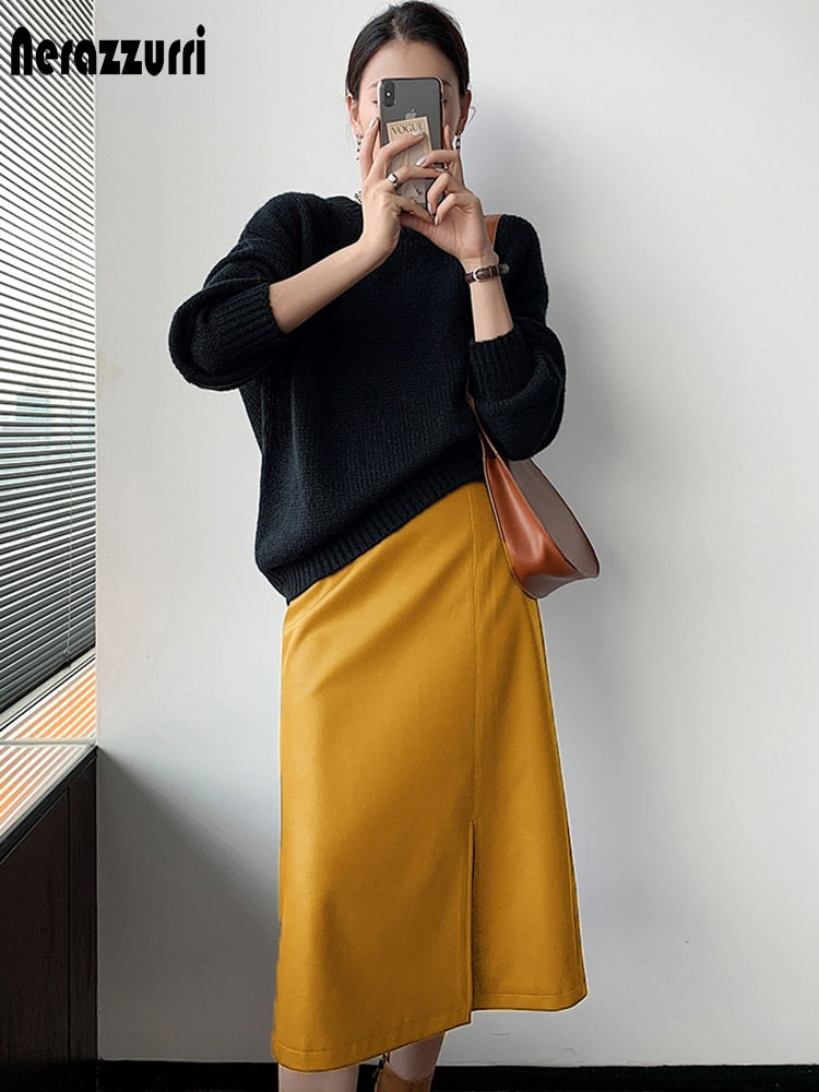 Midi skirts below knee 2021 Yellow black soft leather skirt