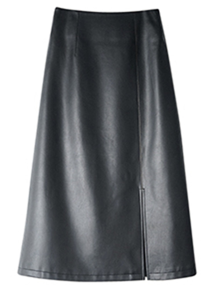 Midi skirts below knee 2021 Yellow black soft leather skirt