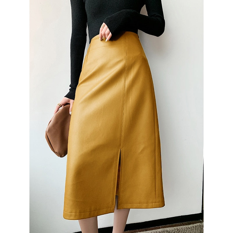 Midi skirts below knee 2021 Yellow black soft leather skirt