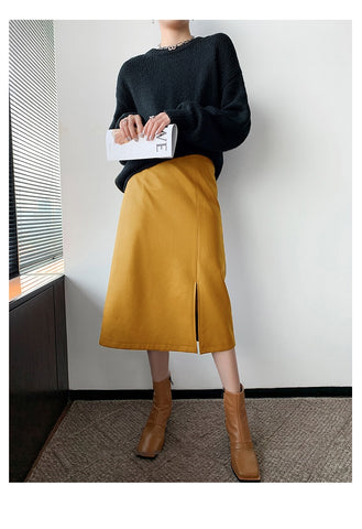 Midi skirts below knee 2021 Yellow black soft leather skirt