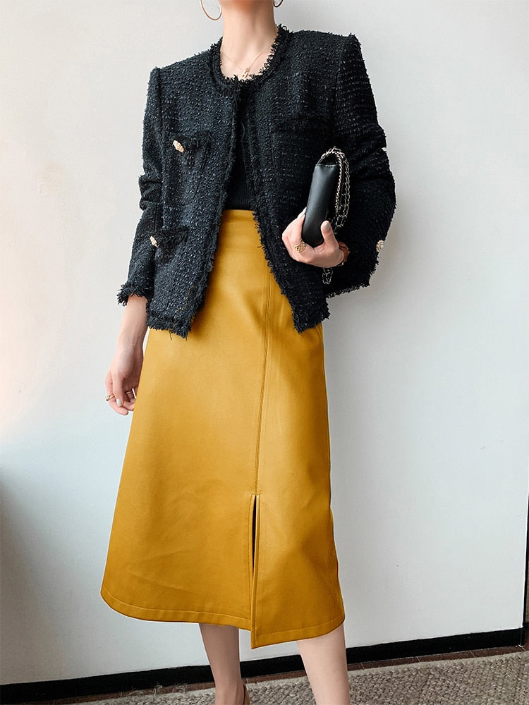 Midi skirts below knee 2021 Yellow black soft leather skirt