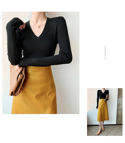 Midi skirts below knee 2021 Yellow black soft leather skirt