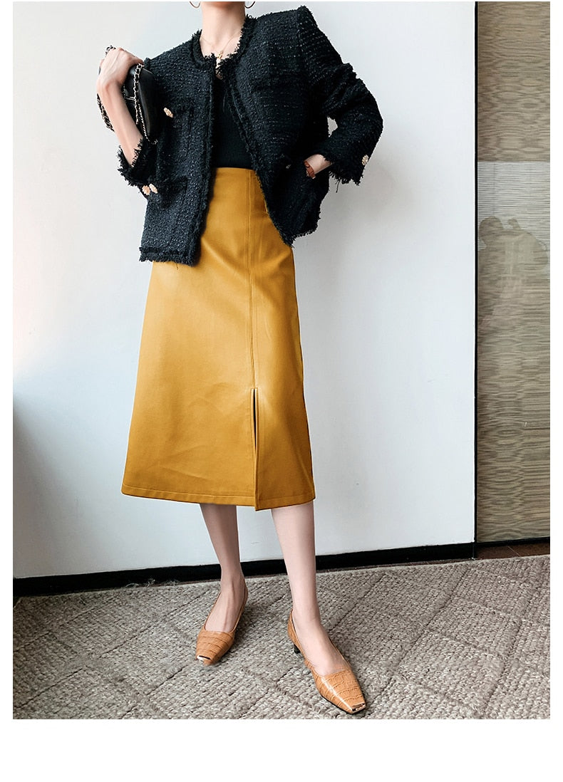 Midi skirts below knee 2021 Yellow black soft leather skirt