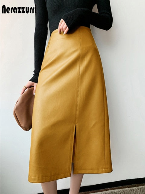 Midi skirts below knee 2021 Yellow black soft leather skirt