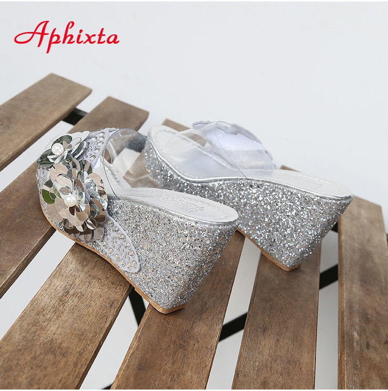 9cm Wedge Slippers Platform Heels Slides Sequined High Ladies Summer Shoes