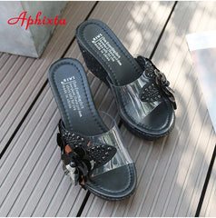 9cm Wedge Slippers Platform Heels Slides Sequined High Ladies Summer Shoes