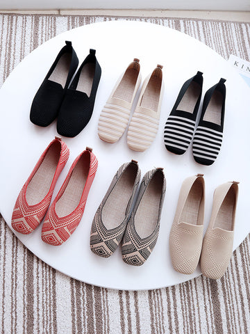 Plus Size Ballet Flats Women Square Toe Knit Fabric Loafers Breathable Flat