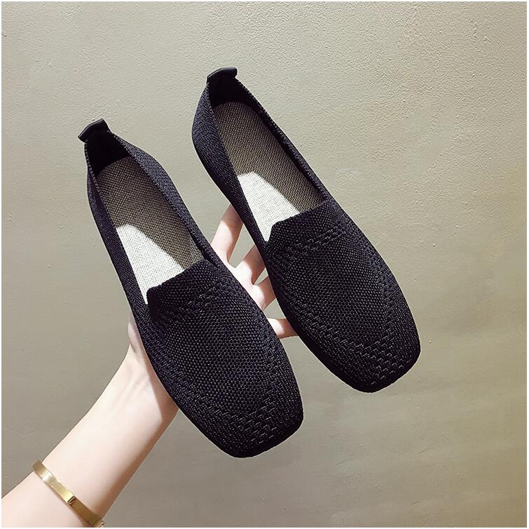 Plus Size Ballet Flats Women Square Toe Knit Fabric Loafers Breathable Flat