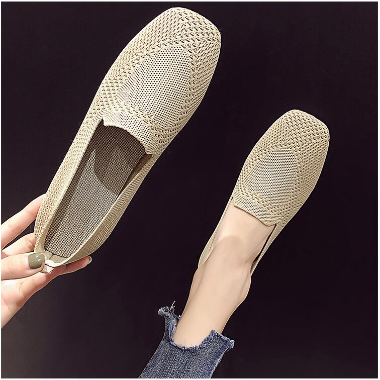 Plus Size Ballet Flats Women Square Toe Knit Fabric Loafers Breathable Flat