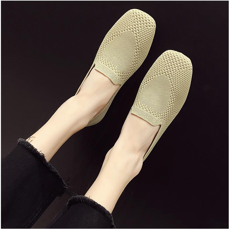 Plus Size Ballet Flats Women Square Toe Knit Fabric Loafers Breathable Flat