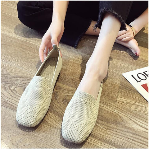 Plus Size Ballet Flats Women Square Toe Knit Fabric Loafers Breathable Flat