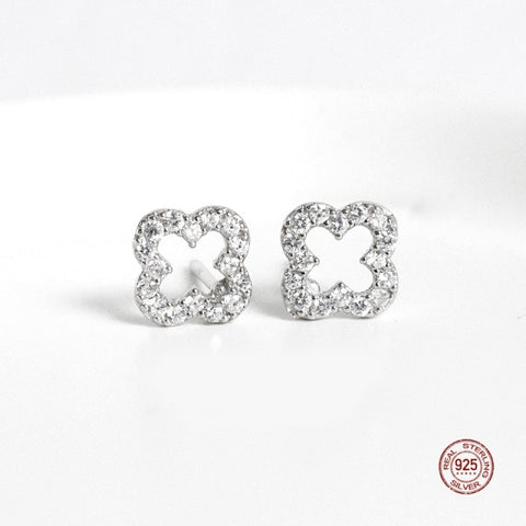 Sterling Silver Hollow Clover Ear Studs Shining Zircon Crystal Earrings