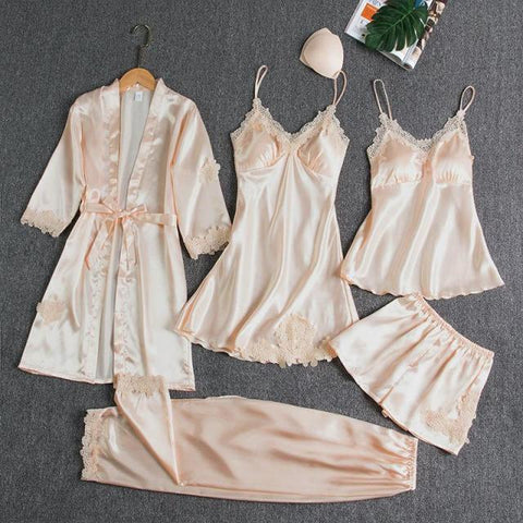 Sleepwear Female 5PCS Pajamas Set Satin Lace Patchwork