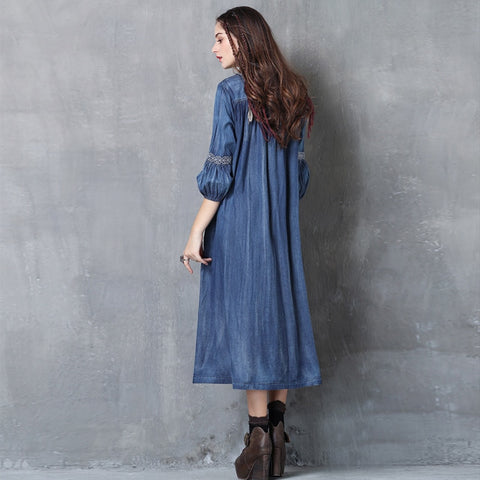 Retro Fashion V-neck Embroidery Denim Leisure  Lantern Sleeve Dresses