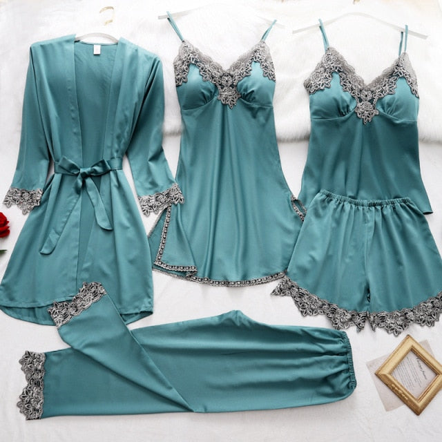 5PC Silk Robe Sleep Suit Lace Satin Pajamas Gown Set