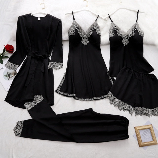 5PC Silk Robe Sleep Suit Lace Satin Pajamas Gown Set